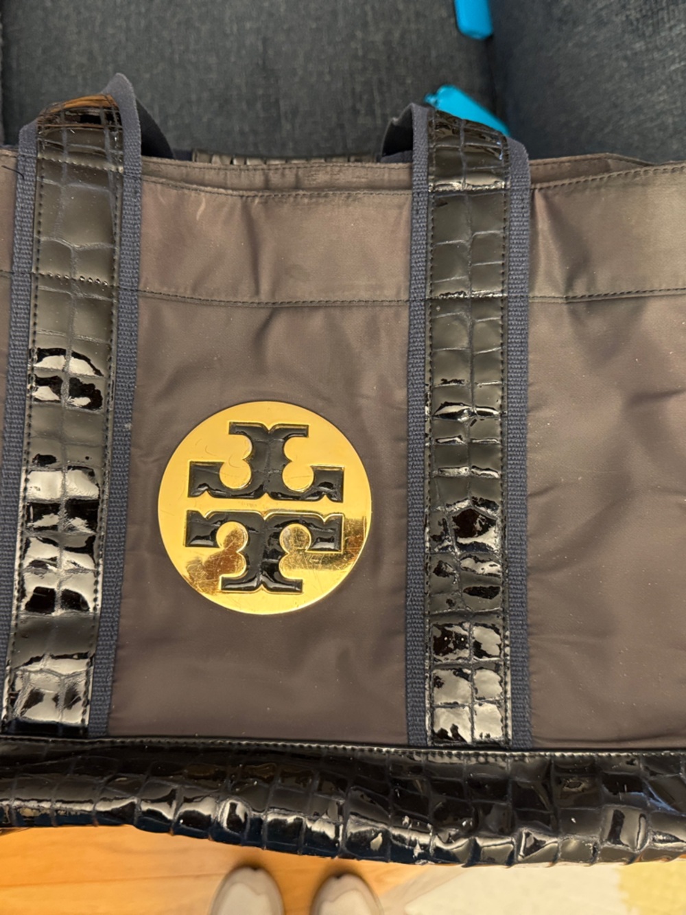 Tory Burch Black Nylon Tote with Gold Logo Accent
